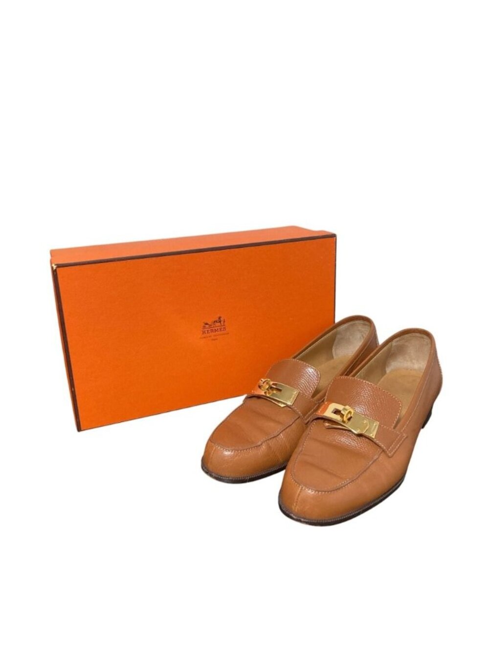 Hermes Destin Kelly Leather Loafers Shoes Brown